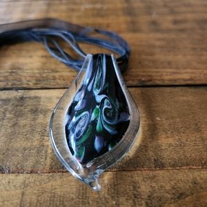 Glass Pendant and Black Ribbon Necklace